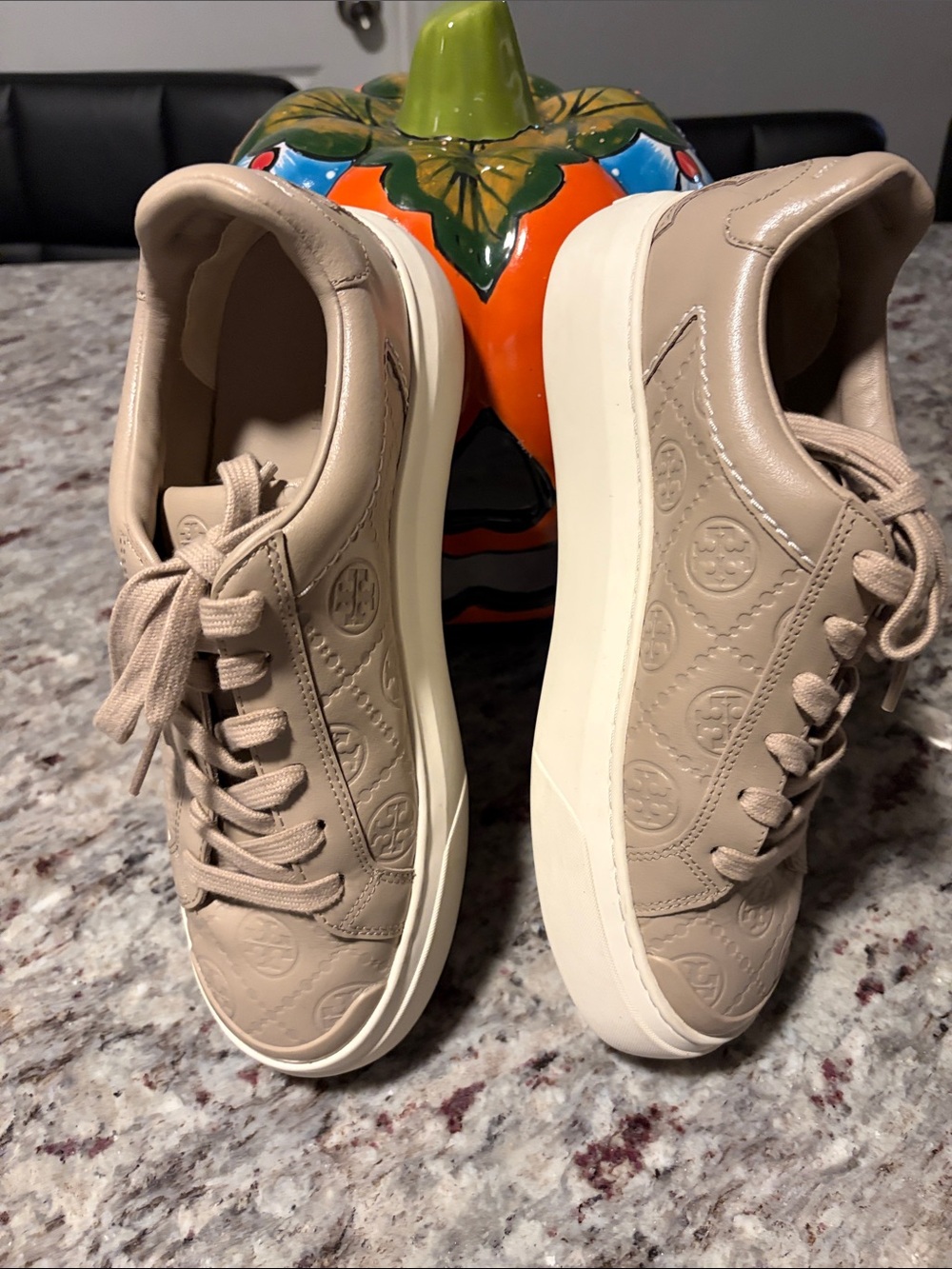 Tory Burch Ladybug Taupe Embossed Leather Platform Sneakers
